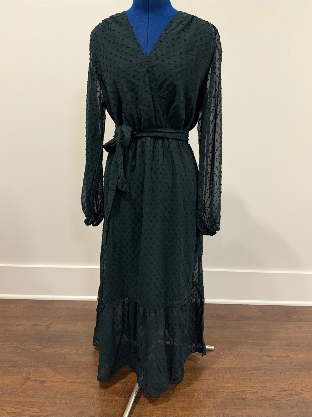 Textured Dot Faux Wrap Midi Dress in Deep Green